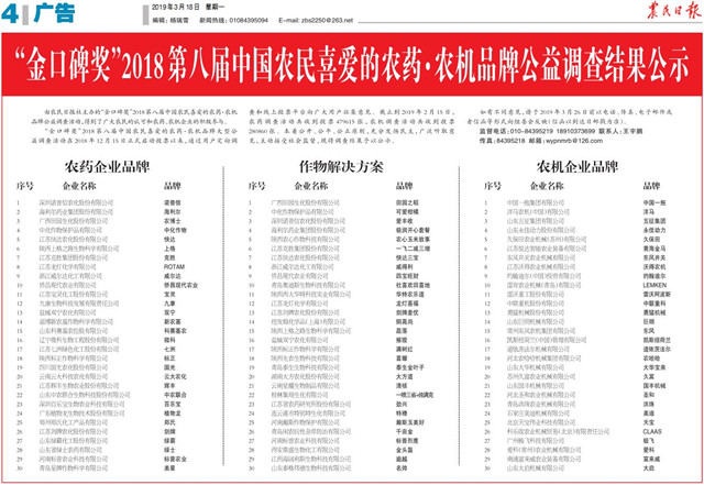 诺普信连续八年蝉联“金口碑奖”中国农民喜爱的农药企业品牌 诺普信连续八年蝉联“金口碑奖”中国农民喜爱的农药企业品牌